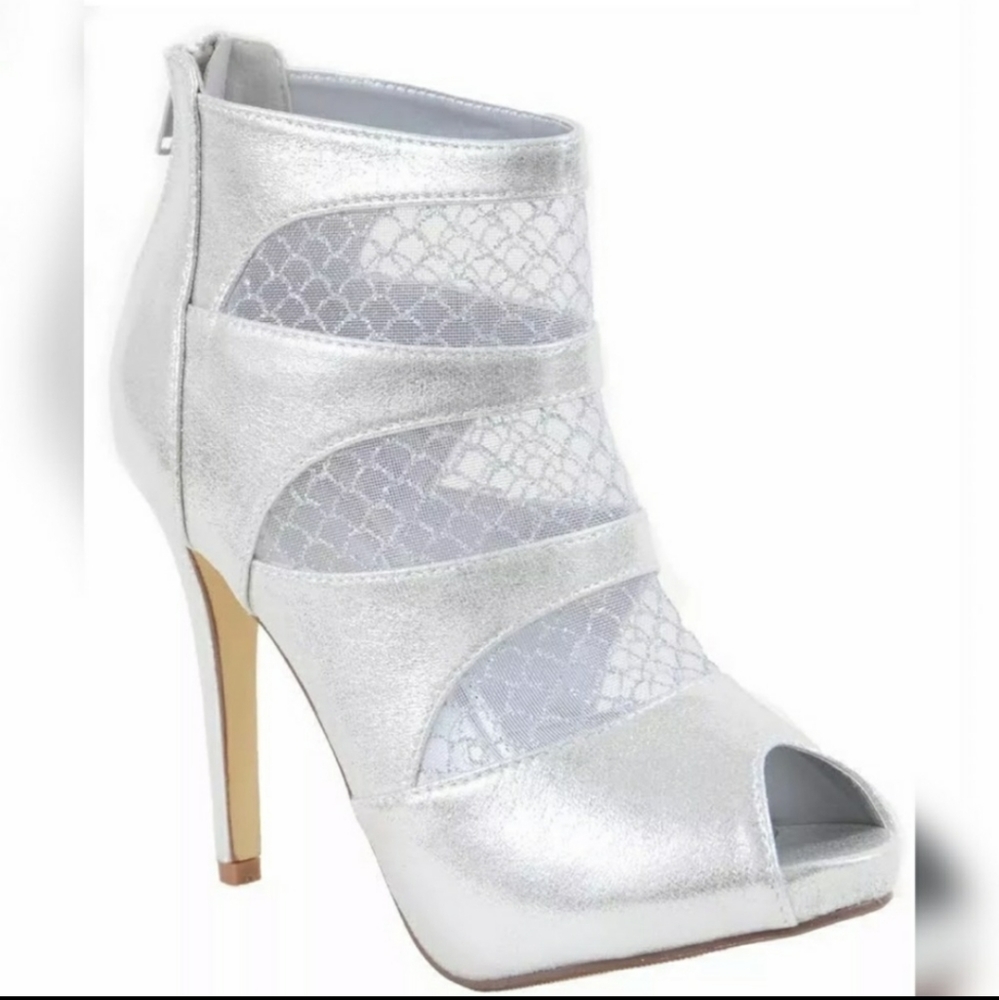 Silver Mesh Cut Out Peep Toe Heel Booties